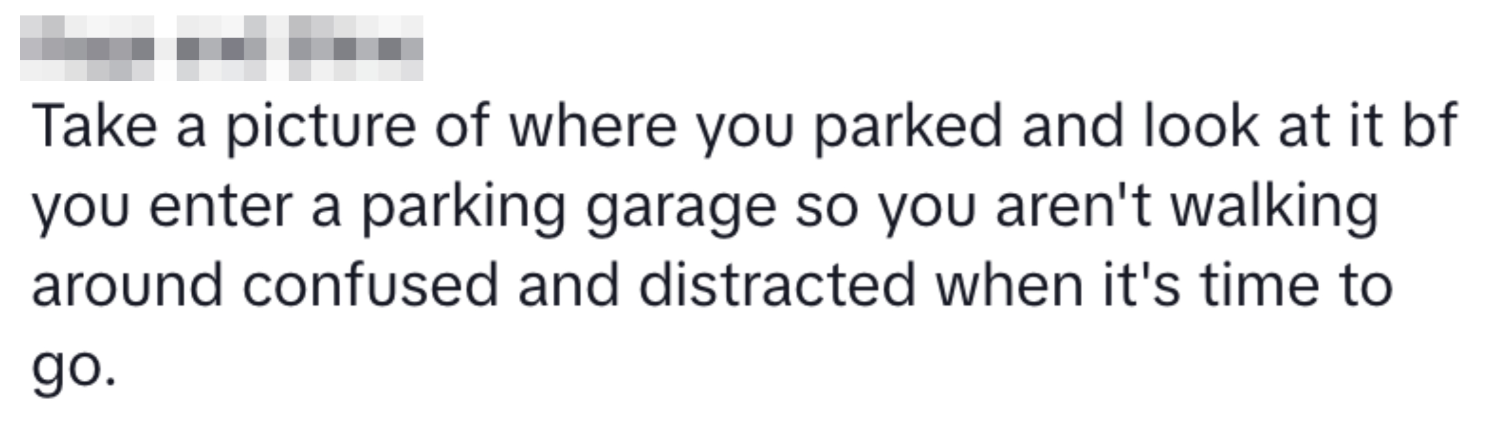 Text advice on taking a photo of your parking spot to avoid confusion in garages