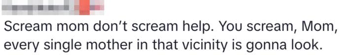 Text in image: &quot;Scream mom don&#x27;t scream help. You scream, Mom, every single mother in that vicinity is gonna look.&quot;