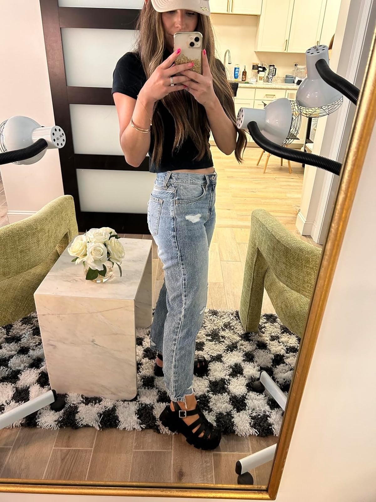 reviewer taking a reflector  selfie showing disconnected  chunky achromatic  sandals