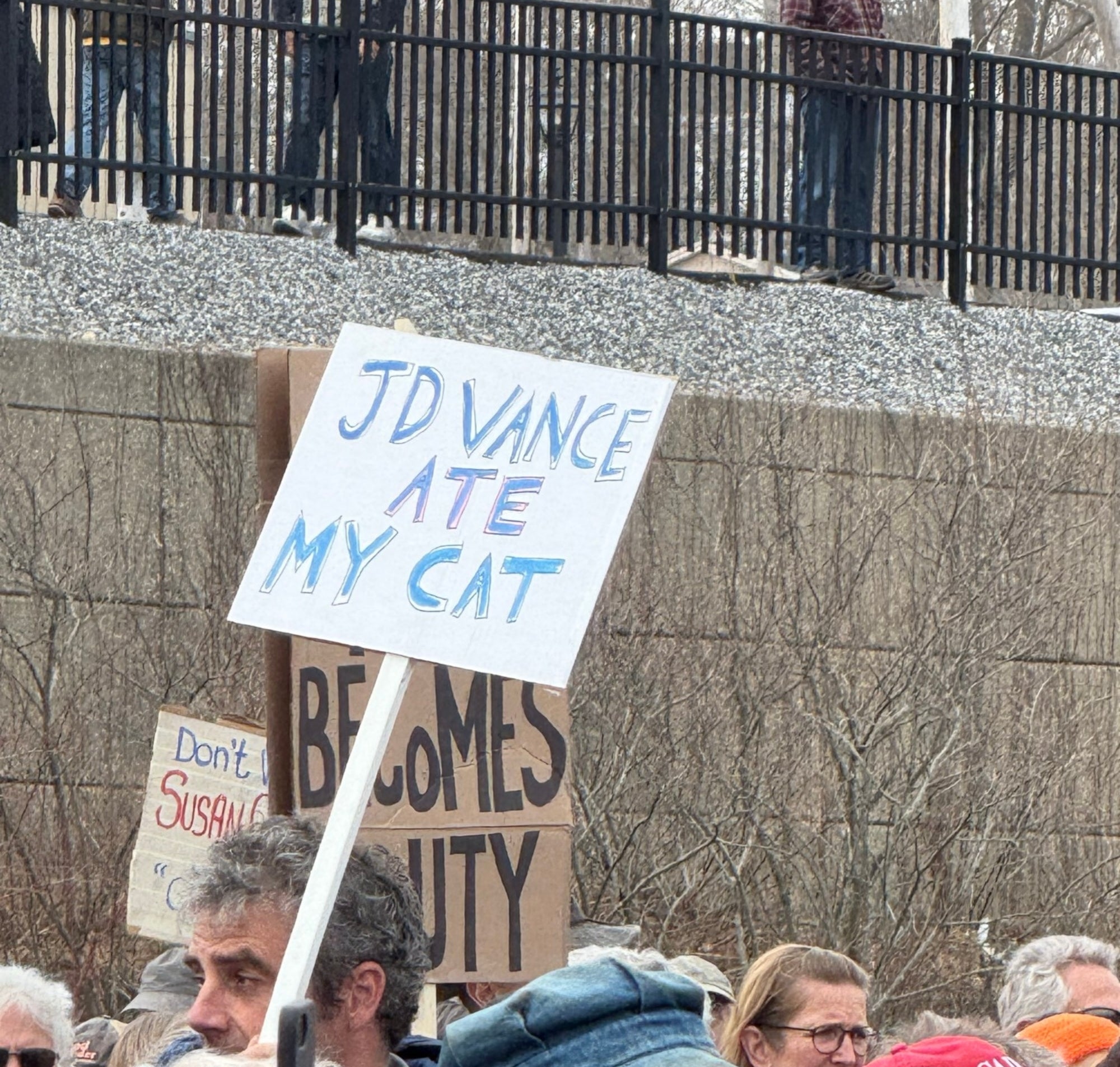Protesters holding various signs, including one that reads &quot;JD Vance Ate My Cat.&quot; A diverse crowd is gathered outdoors