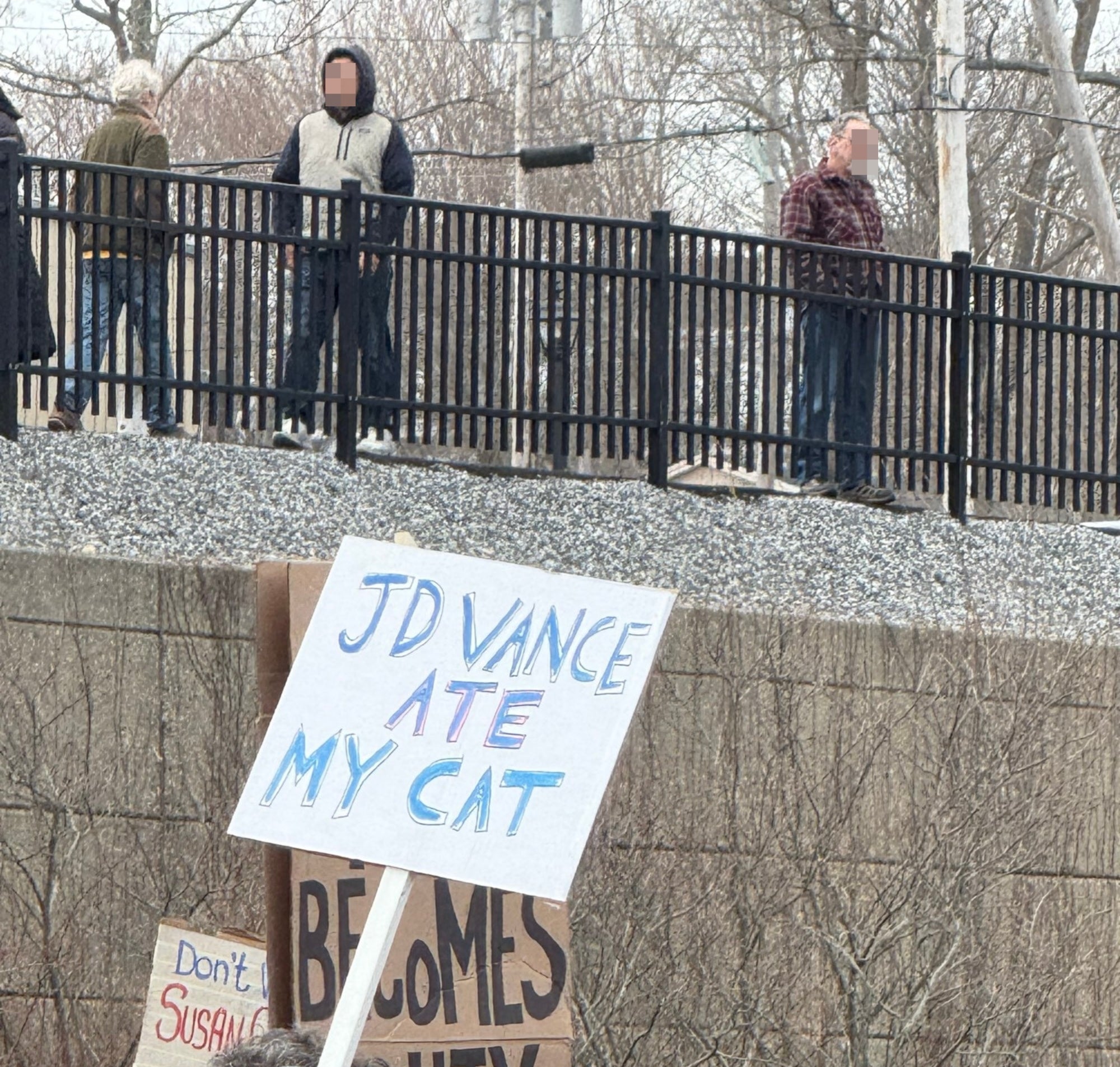 Protesters holding various signs, including one that reads "JD Vance Ate My Cat." A diverse crowd is gathered outdoors