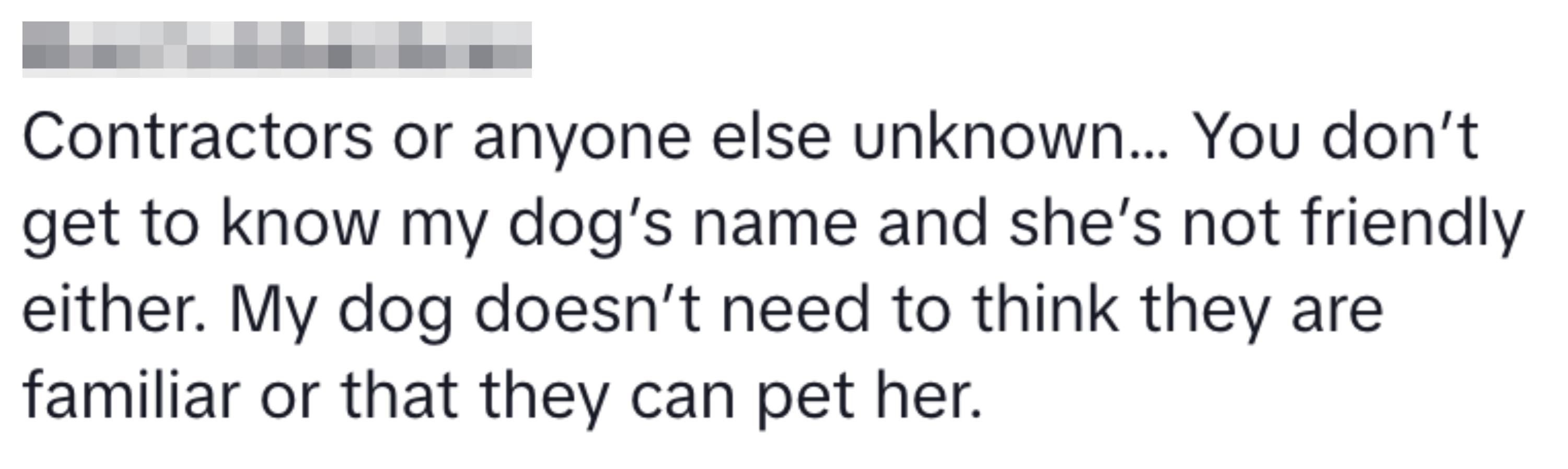 Screenshot of text warning people not to approach or pet the author's unfriendly dog, whose name is not disclosed