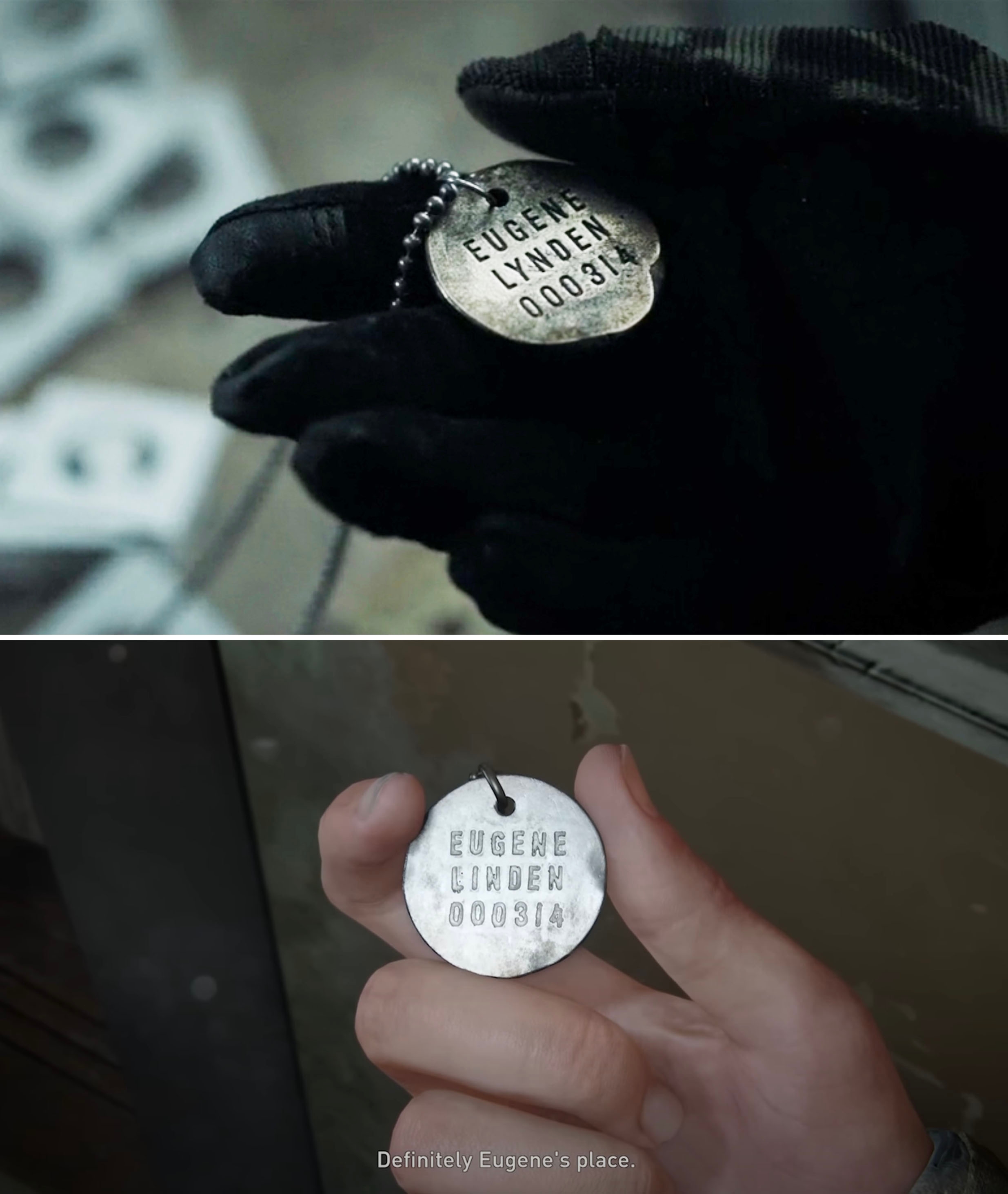 A close-up of Eugene's Firefly dog tag in the show vs. game