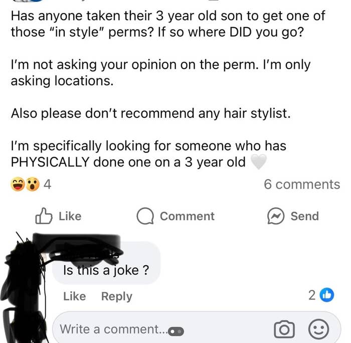 Screenshot of a Facebook post asking for locations that give perms to 3-year-old boys. A commenter asks if it's a joke