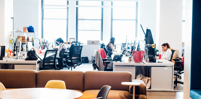 Open office space with employees working at desks, surrounded by computers and office supplies. Bright natural light fills the room