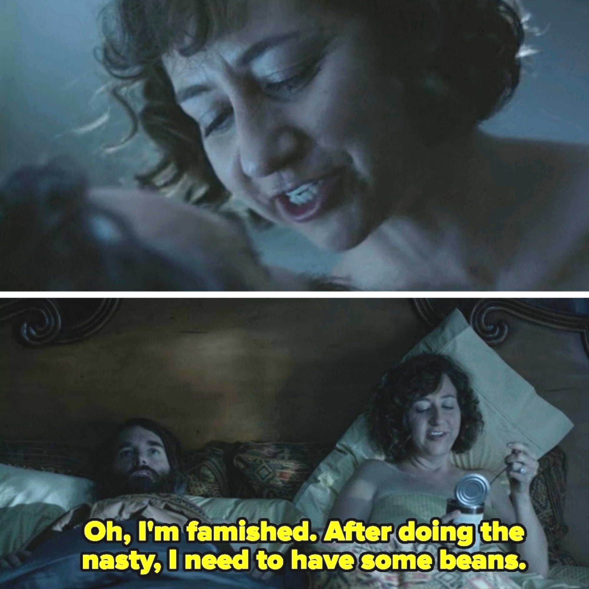 after sex, Carol is sitting in bed to Philip, eating beans from a tin can. She says, &quot;Oh, I&#x27;m famished. After doing the nasty, I need to have some beans&quot;