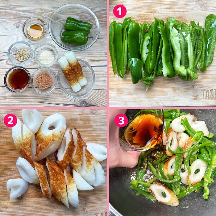 ピーマンとちくわを使った調理プロセスの画像。調味料が小皿に分けられている。
