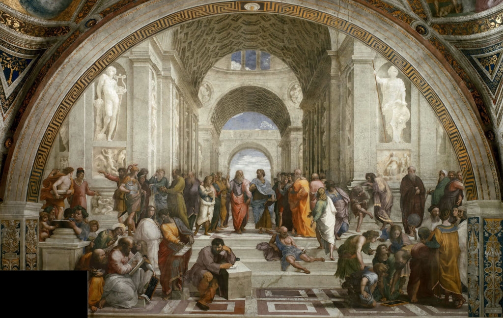 A classical interior scene depicting various philosophers and scholars engaged in discussion and contemplation, reminiscent of the Renaissance era