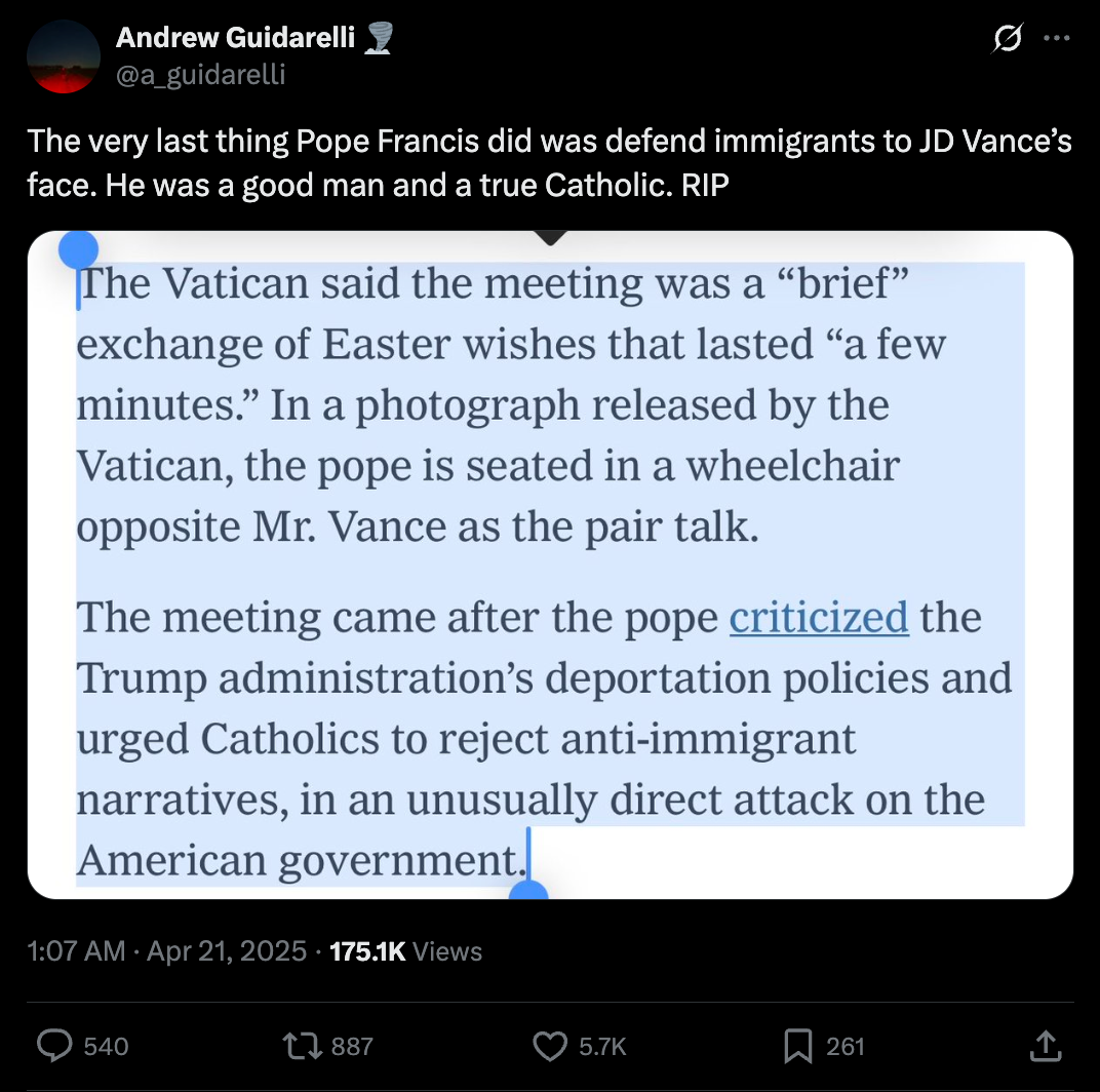 Tweet discussing a Vatican meeting between Pope Francis and JD Vance. The Pope, in a wheelchair, criticized U.S. deportation policies