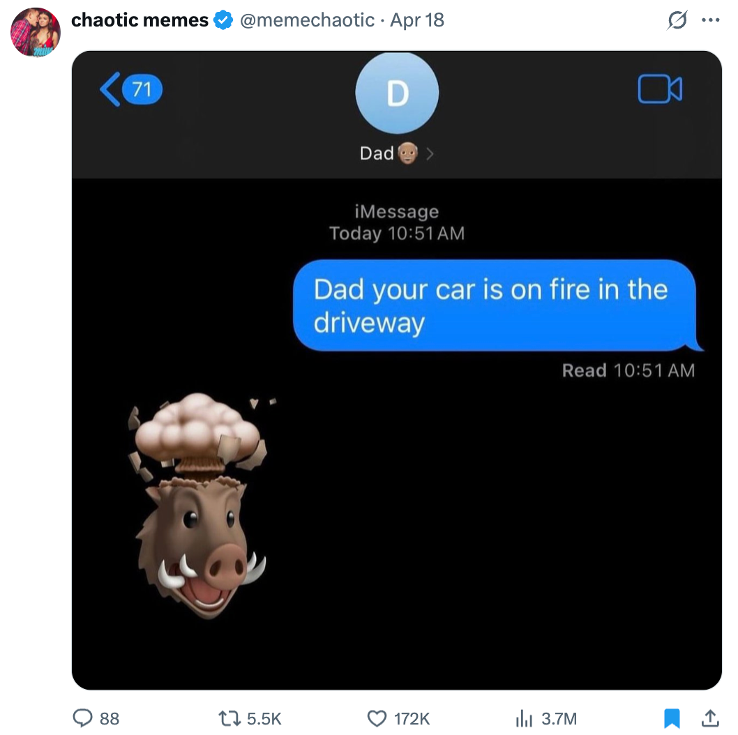 Text exchange with dad's contact: "Dad, your car is on fire in the driveway," paired with a pig emoji