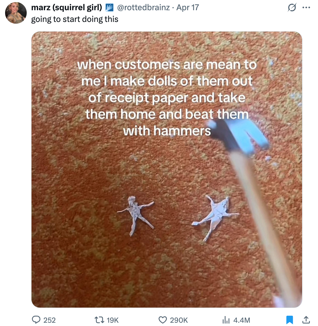 Toy people made from receipt paper lie on a floor next to a hammer, with text above describing using them to handle difficult customers