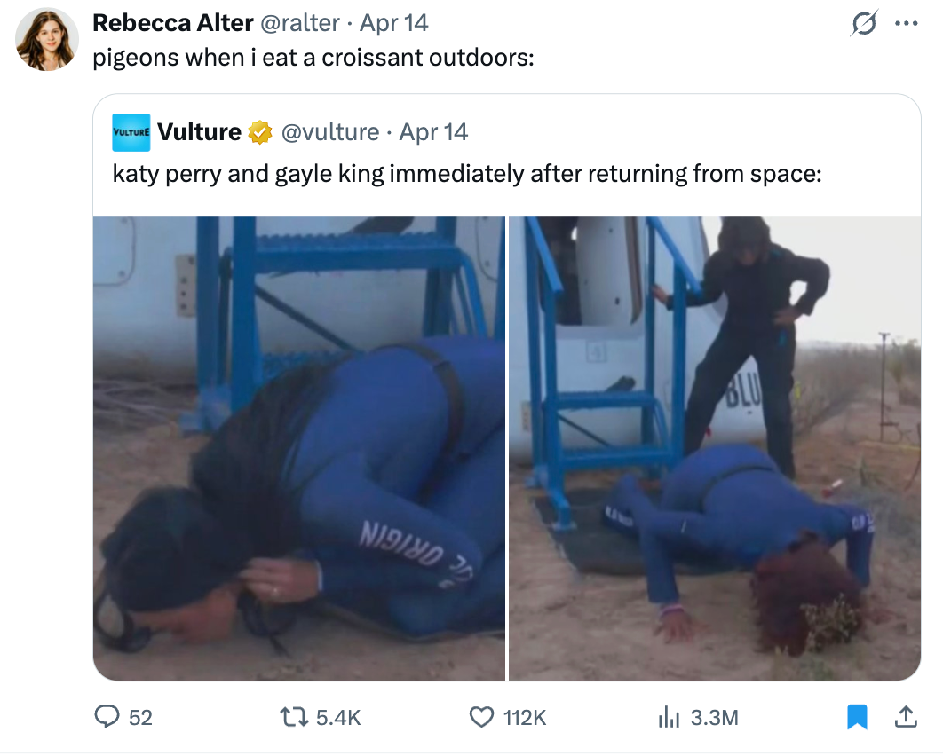 Split image: On the left, a person on the ground. On the right, a person crawling. Tweet text jokes about "Katy Perry and Gayle King after returning from space."