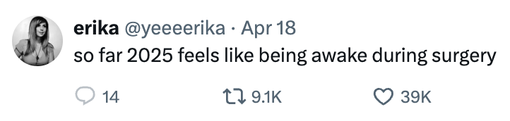 Tweet by user saying, "so far 2025 feels like being awake during surgery," with engagement metrics shown