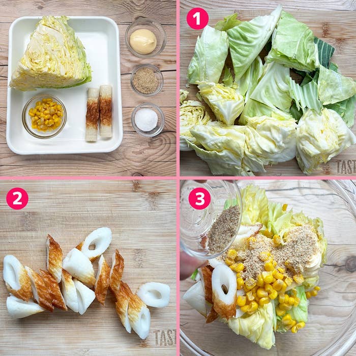 1/4にカットしたキャベツと主要材料。ステップ1: キャベツの準備。ステップ2: ちくわの切り方。ステップ3: 材料の混ぜ方。