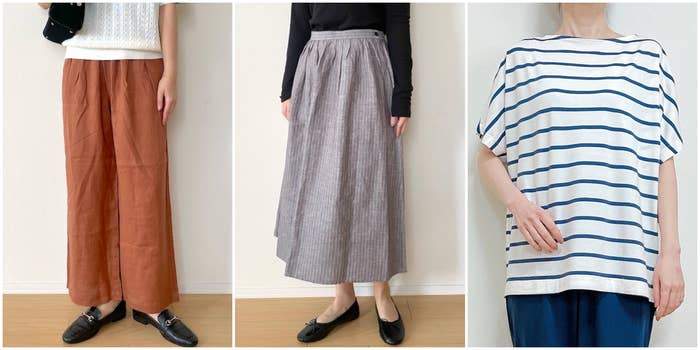 3種類の異なる服装の女性、ゆったりしたパンツ、スカート、ストライプ柄のトップスを着用しています。