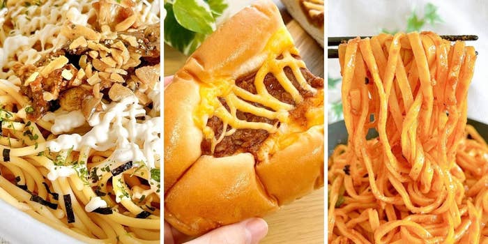 左から順に、クリームパスタ、チーズをかけたパン、トマトパスタの料理が並んでいます。