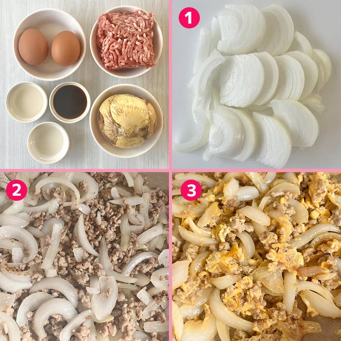 3枚の画像で簡単な料理の手順を示しています。材料は卵、ひき肉、玉ねぎ、調味料です。
