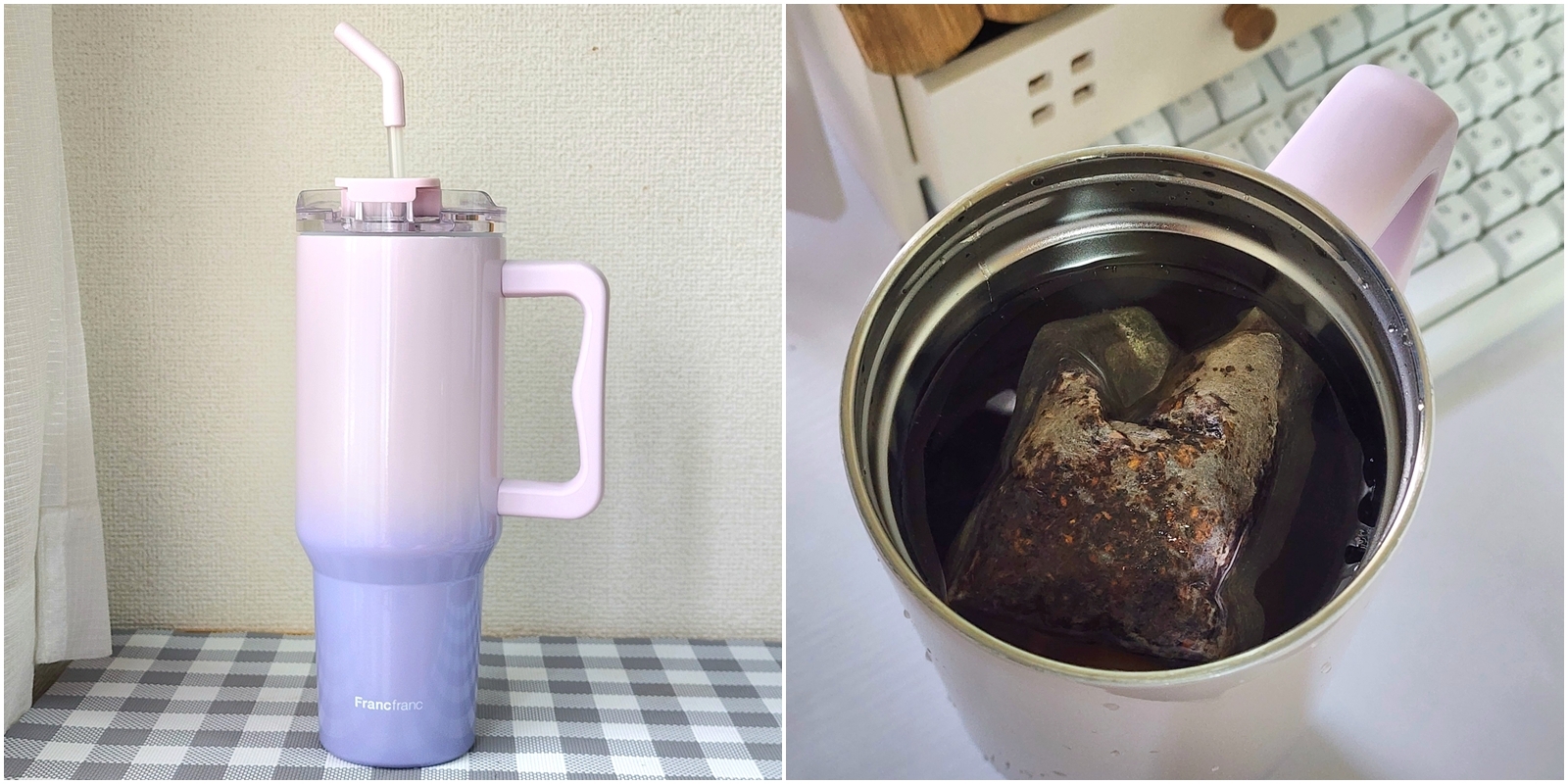 左: 大きなハンドル付きタンブラー。右: タンブラー内にティーバッグが浸っている。