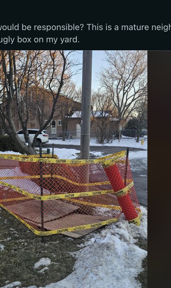 Screenshot of a Reddit thread titled "found my front lawn all dug up, what is this?" with user comments discussing a fenced-off area