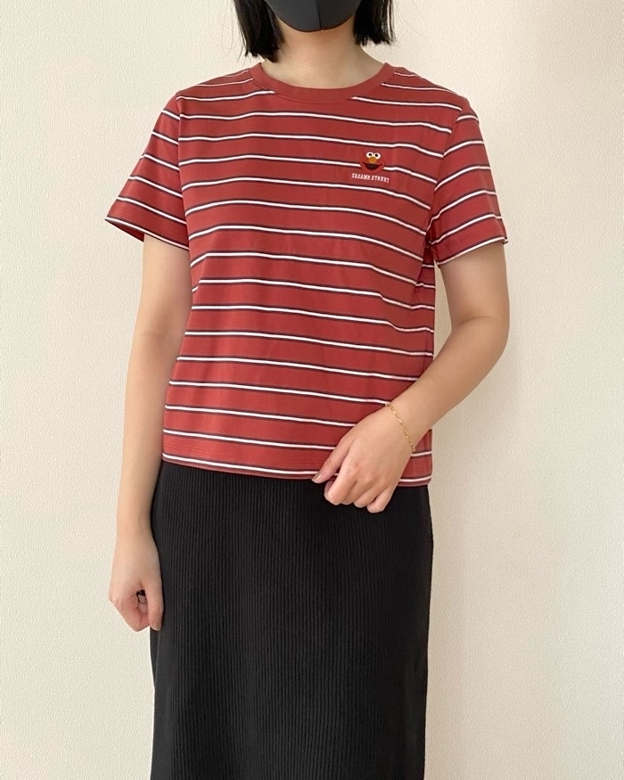 ストライプ柄のTシャツと無地のスカートを着た人物が立っている。