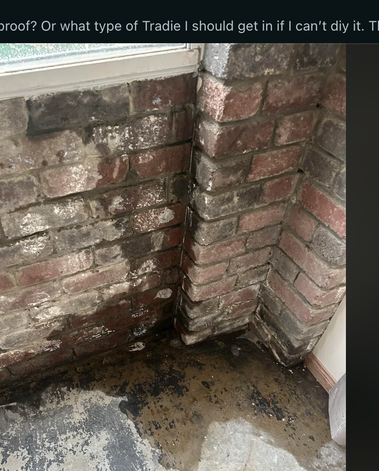 Screenshot of a Reddit post in the HomeImprovement subreddit, discussing basement water seepage. Includes comments and user details