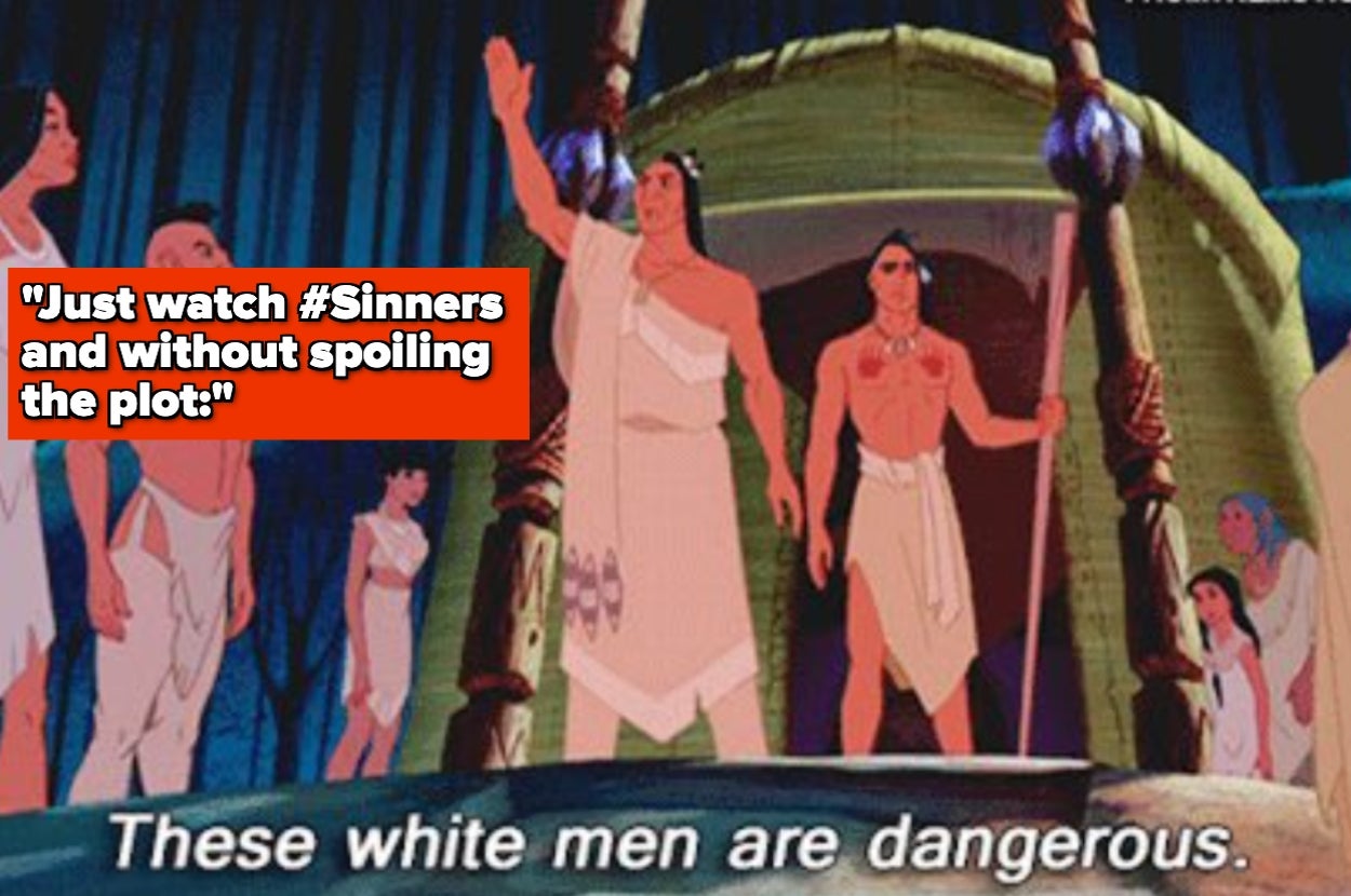 Animated scene with Indigenous leaders standing. A text overlay reads: "Just watch #Sinners and without spoiling the plot." Subtitles: "These white men are dangerous."