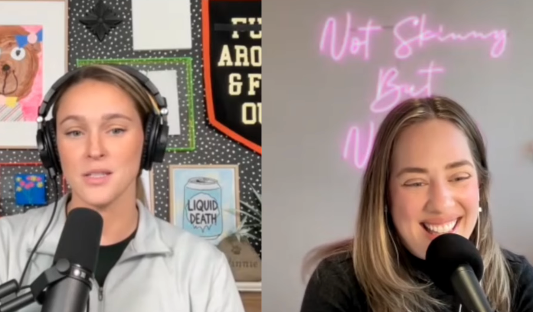 Kylie Kelce and Amanda Hirsch speaking into microphones during a podcast video on YouTube titled "Not Skinny But Not Fat"