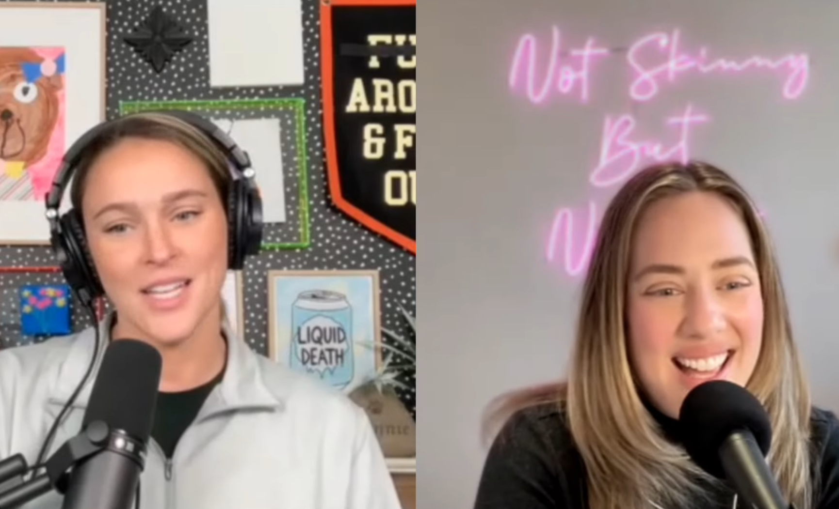 Kylie Kelce and Amanda Hirsch speaking into microphones during a podcast video on YouTube titled "Not Skinny But Not Fat"