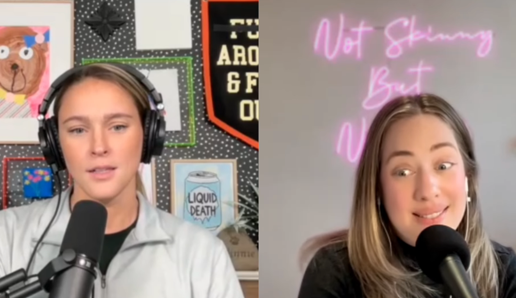 Kylie Kelce and Amanda Hirsch speaking into microphones during a podcast video on YouTube titled "Not Skinny But Not Fat"