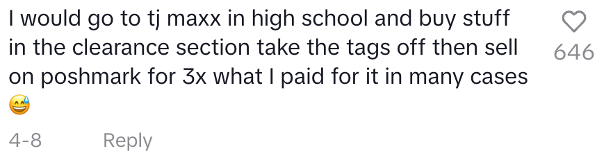 Comment describes reselling clearance items for profit on Poshmark