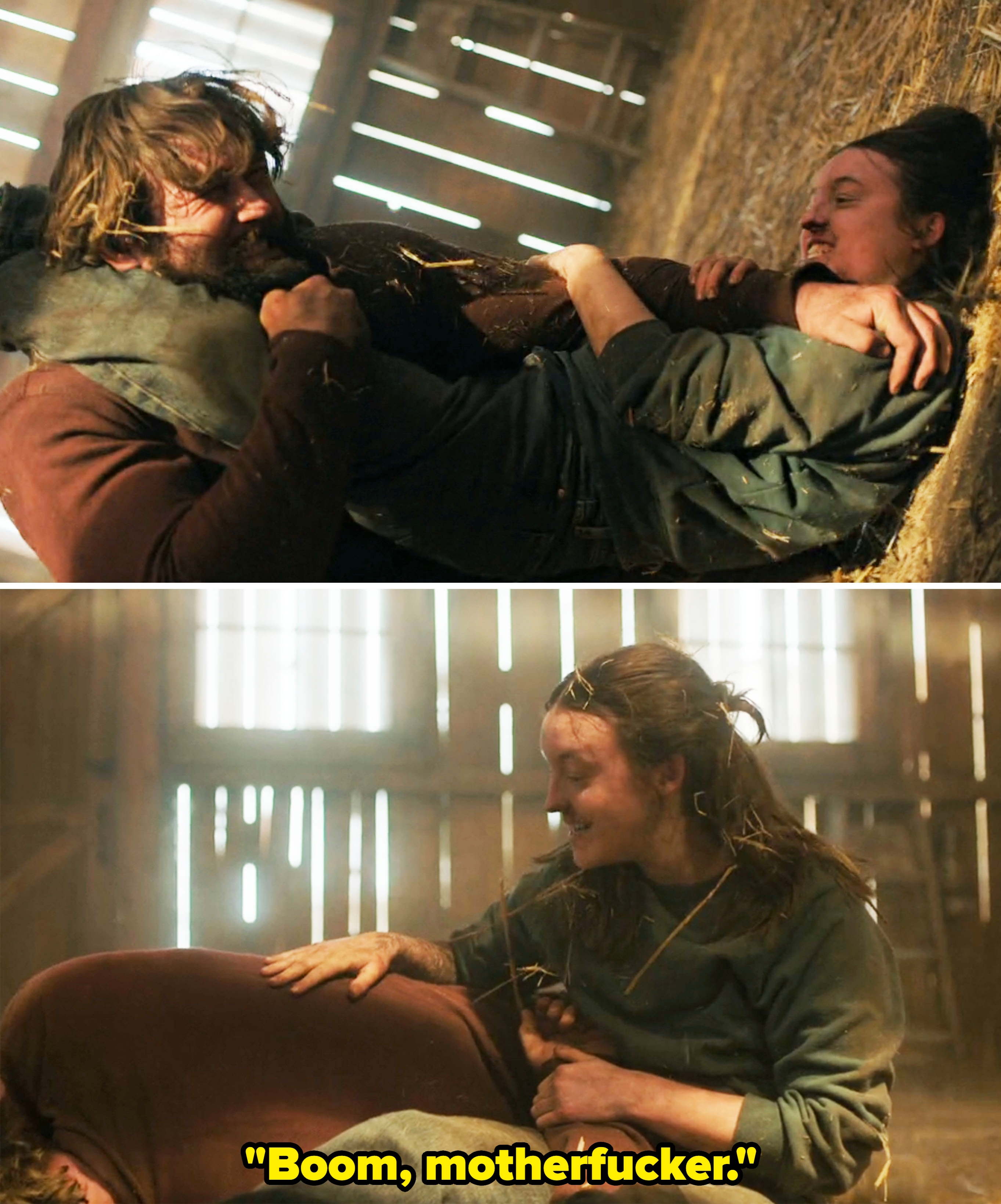 Bella as Ellie grappling someone while training and being excited when she wins