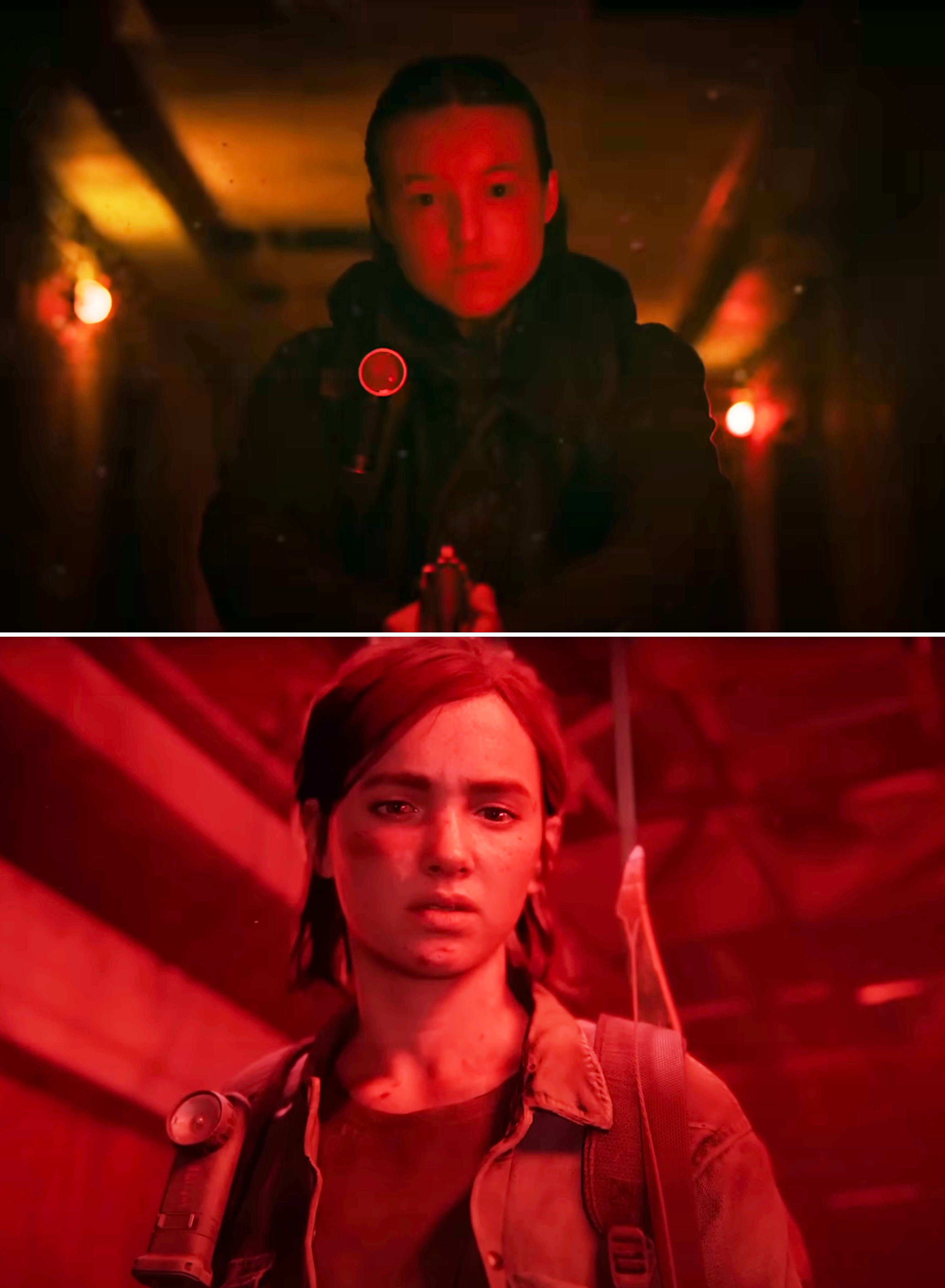 Bella as Ellie in a dimly lit hallway looking menacing vs. Ellie in the video game in a similar scene