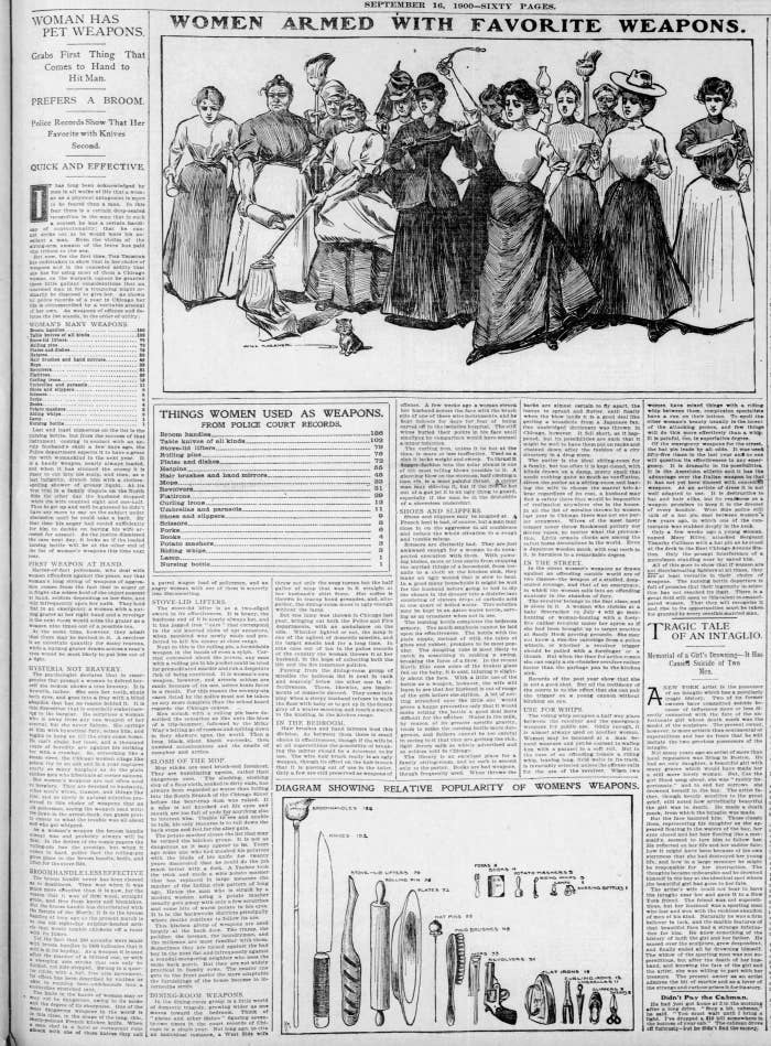 A vintage newspaper illustration shows women holding various household items as weapons, with accompanying articles on women's self-defense tactics