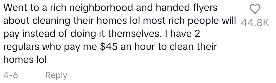 Comment discusses success distributing flyers for home cleaning services in a wealthy area, highlighting two regular clients who pay well