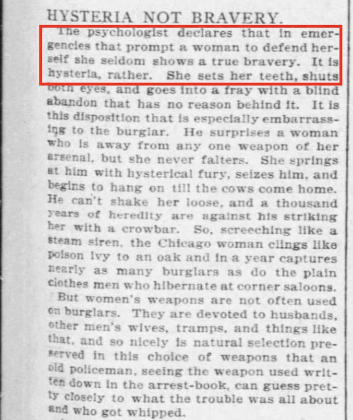 A psychologist describes a woman's natural defensive reaction during a home invasion as hysteria, contrasting it with bravery or heroism
