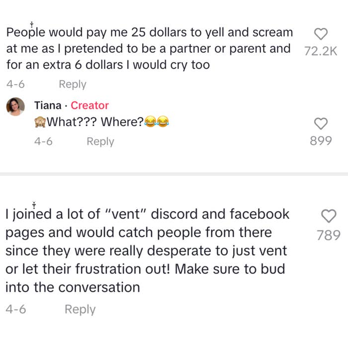 Social media post with comments discussing hiring people to simulate arguments for venting purposes