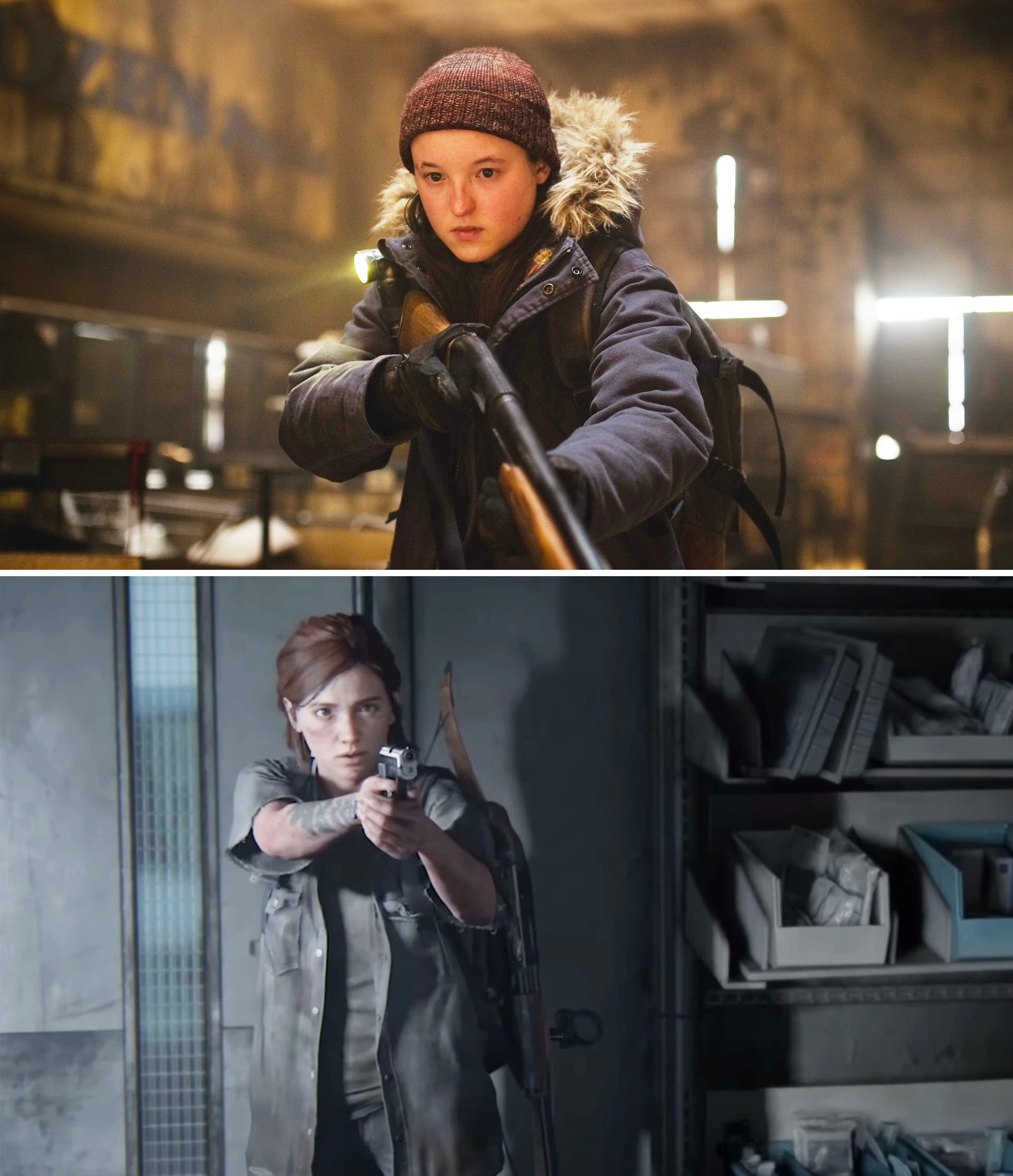 Bella as Ellie holding a rifle vs. Ellie in the video game pointing a handgun