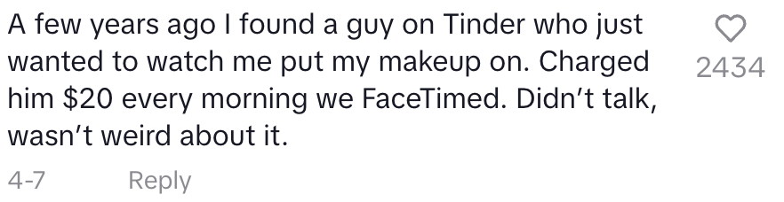 Social media post about a person finding someone on Tinder who paid $20 for FaceTime calls to watch them apply makeup