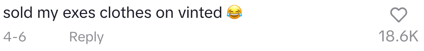 Comment reads: "sold my exes clothes on vinted" with a laughing emoji. The post has 18.6K likes