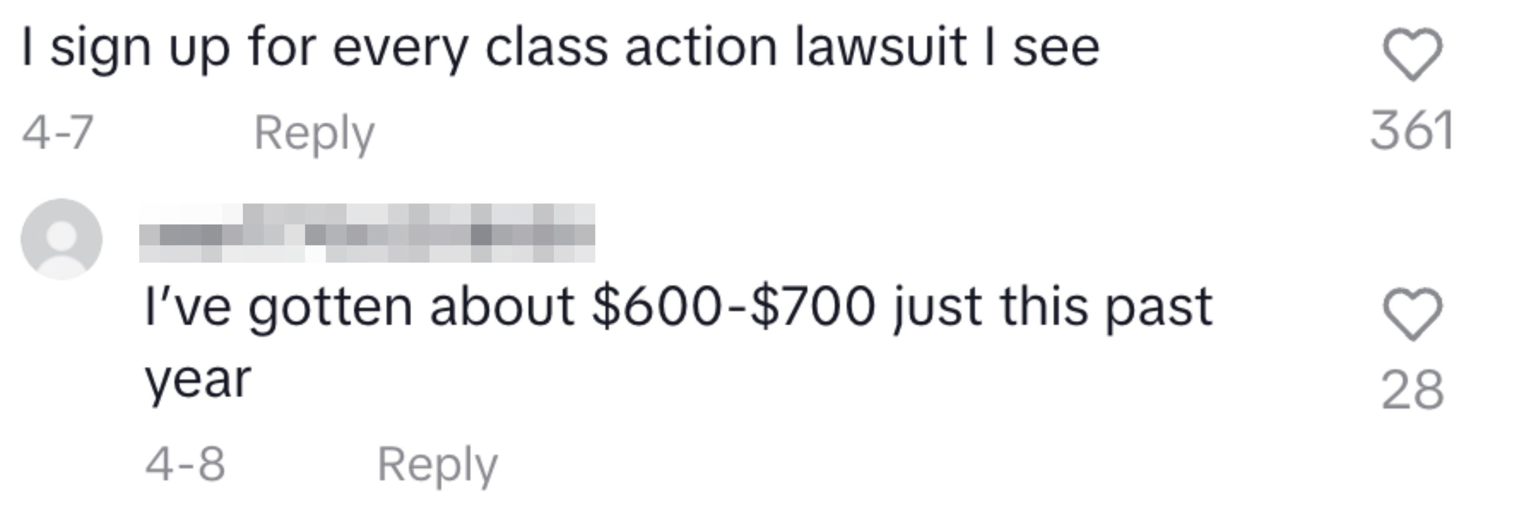 Comment about signing up for class action lawsuits, with a reply mentioning earning $600-$700 in the past year from them