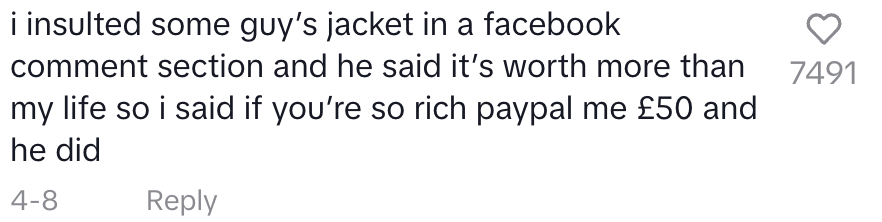 Comment recounts a Facebook exchange: Someone insults another's jacket; the owner claims it's valuable, then sends £50 via PayPal when challenged