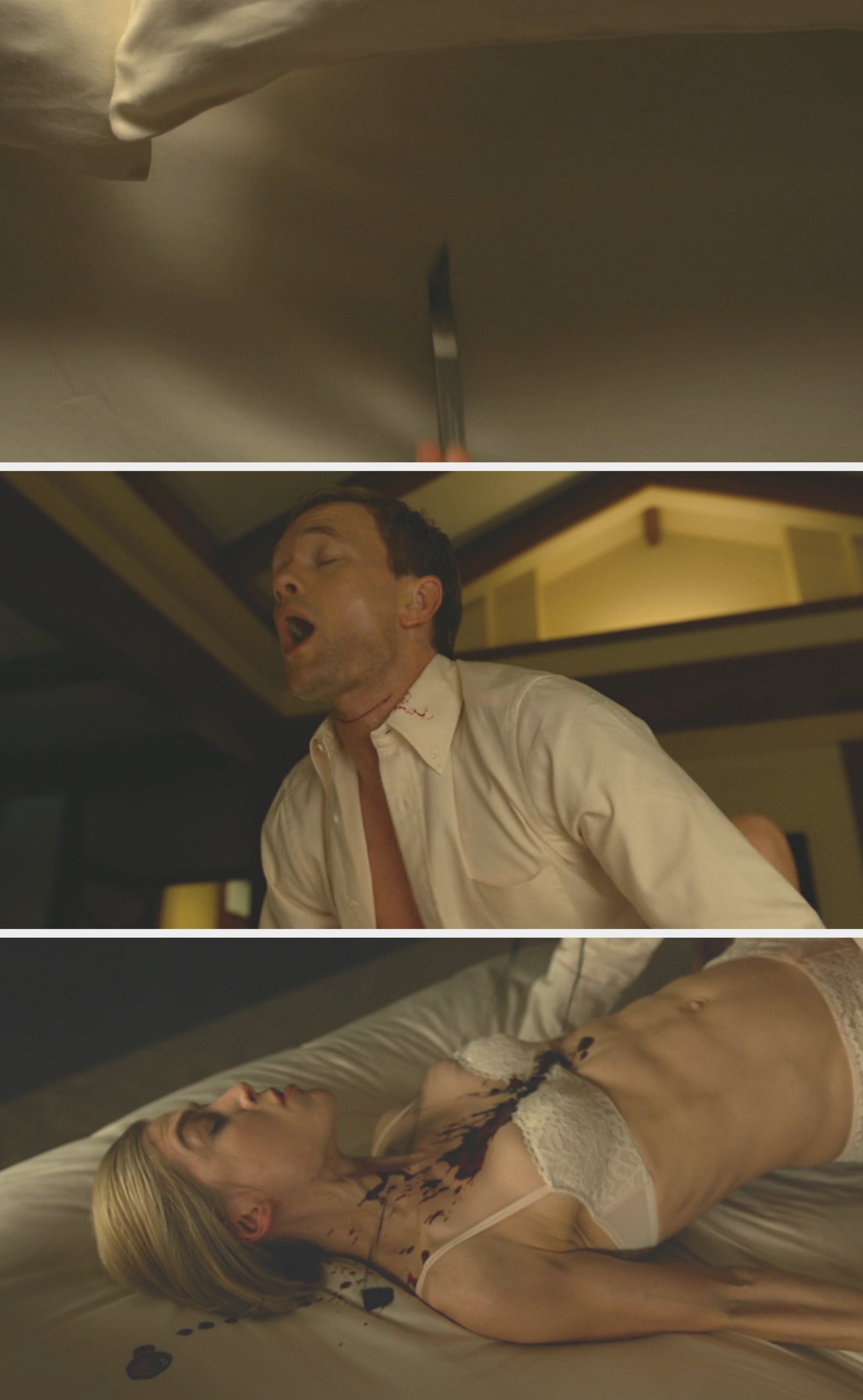 Amy slides a knife out from under her pillow and slices Desi&#x27;s throat. Blood spills from his neck and all over her