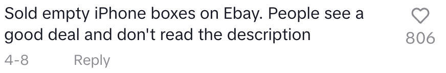 Comment about selling empty iPhone boxes on eBay, noting buyers often don't read descriptions