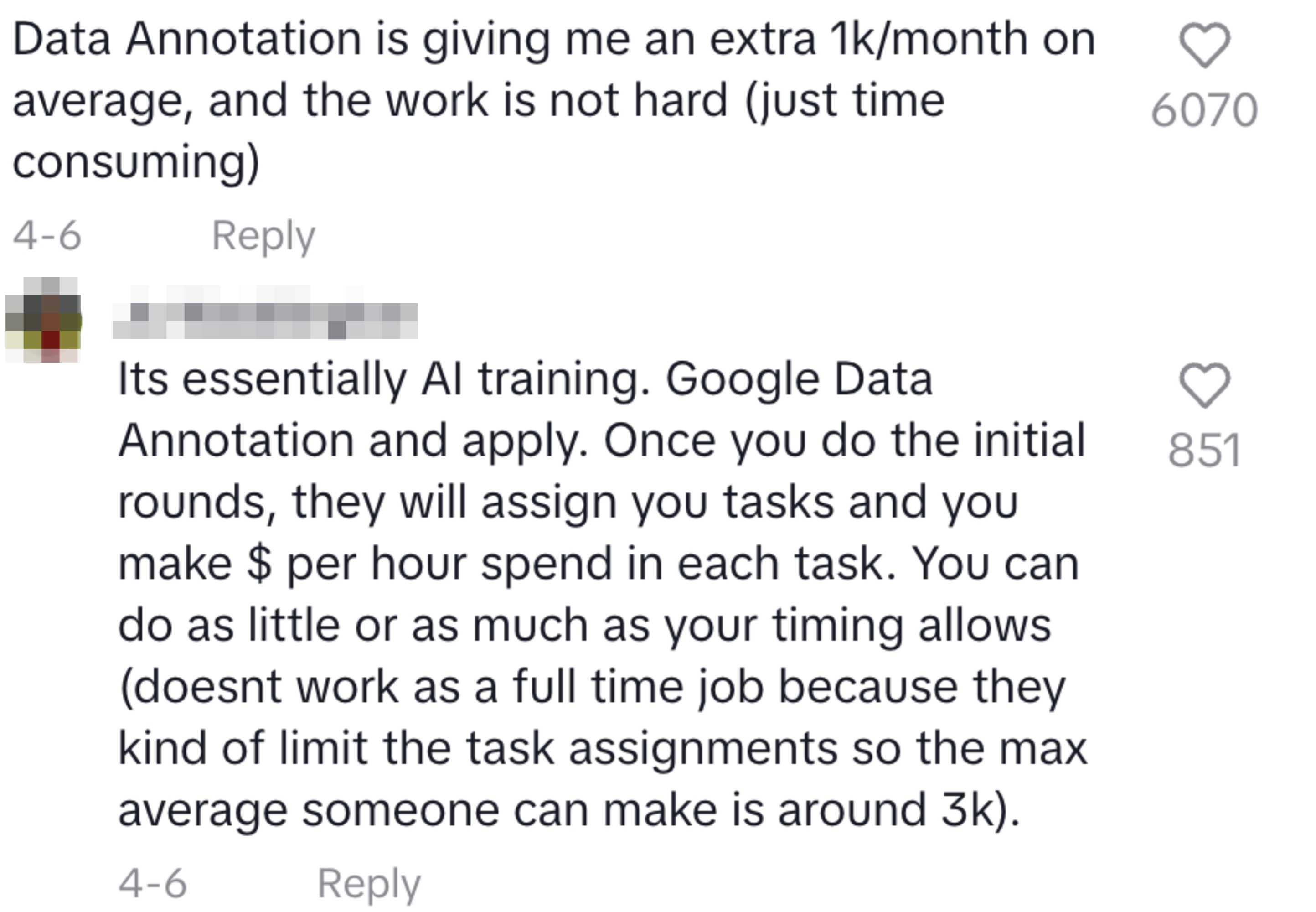 Text on a forum discussing Google Data Annotation, noting it's AI training, task-based, pays hourly with opportunities to earn more