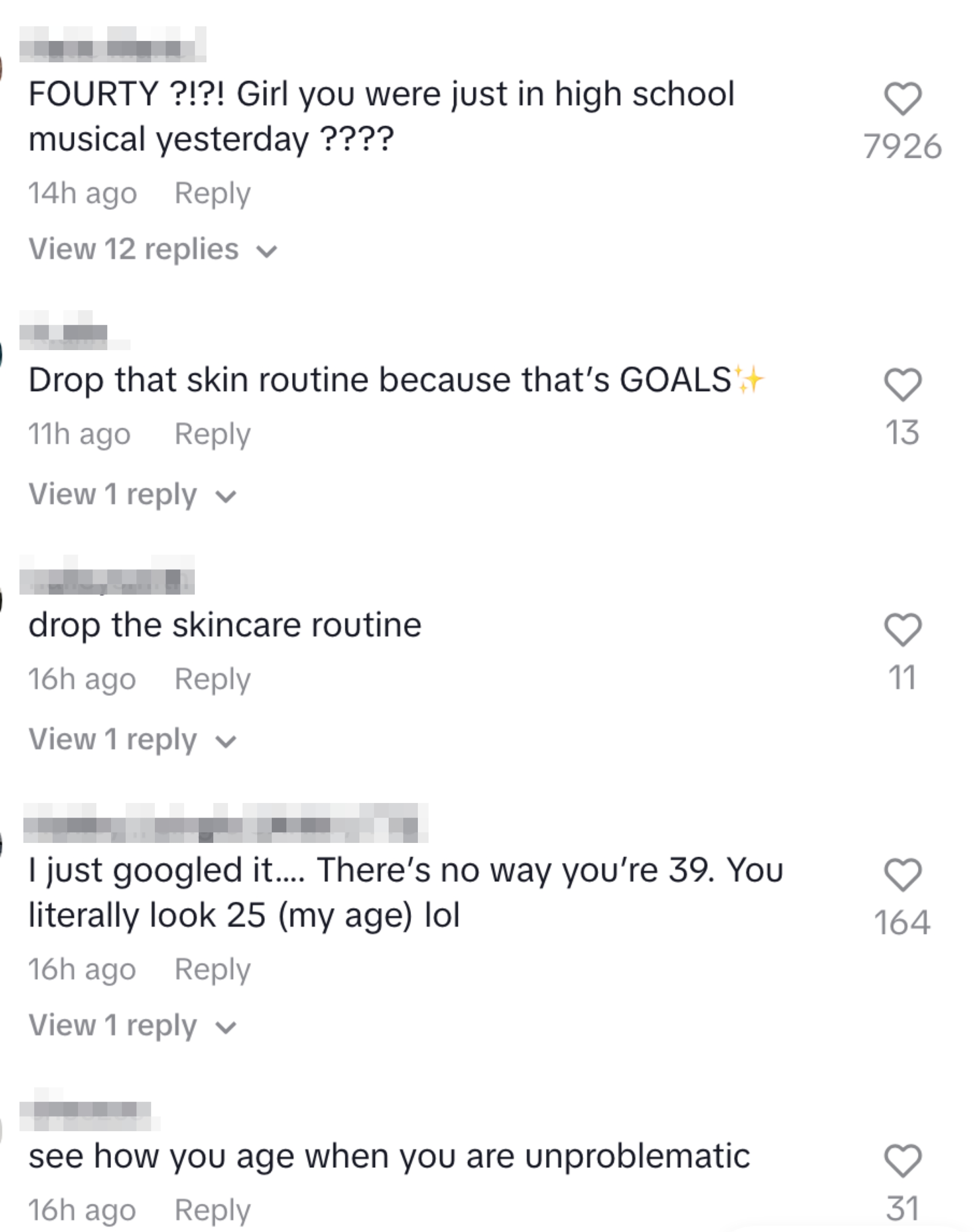 Comments on a social media post express disbelief at Ashley Tisdale's age, praise their skincare routine, and joke about how they look much younger