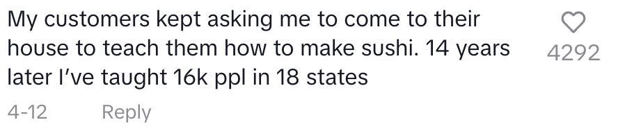 A comment describes a sushi teacher's journey from home lessons to instructing 16,000 people across 18 states over 14 years