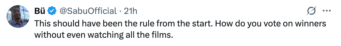 Tweet by a user questioning how winners are voted for without watching all the films