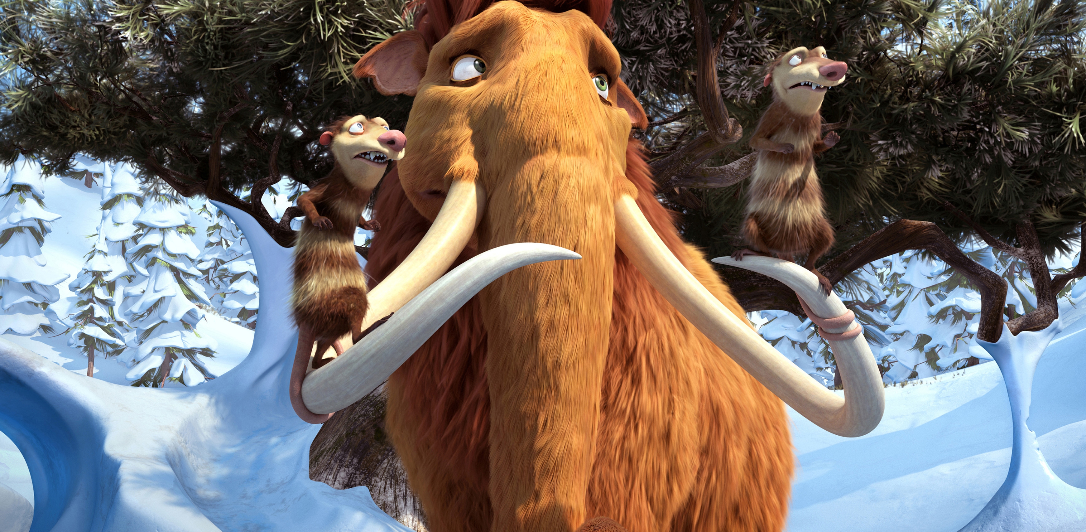 Animated mammoth stands with two small animal friends on its tusks in a snowy landscape