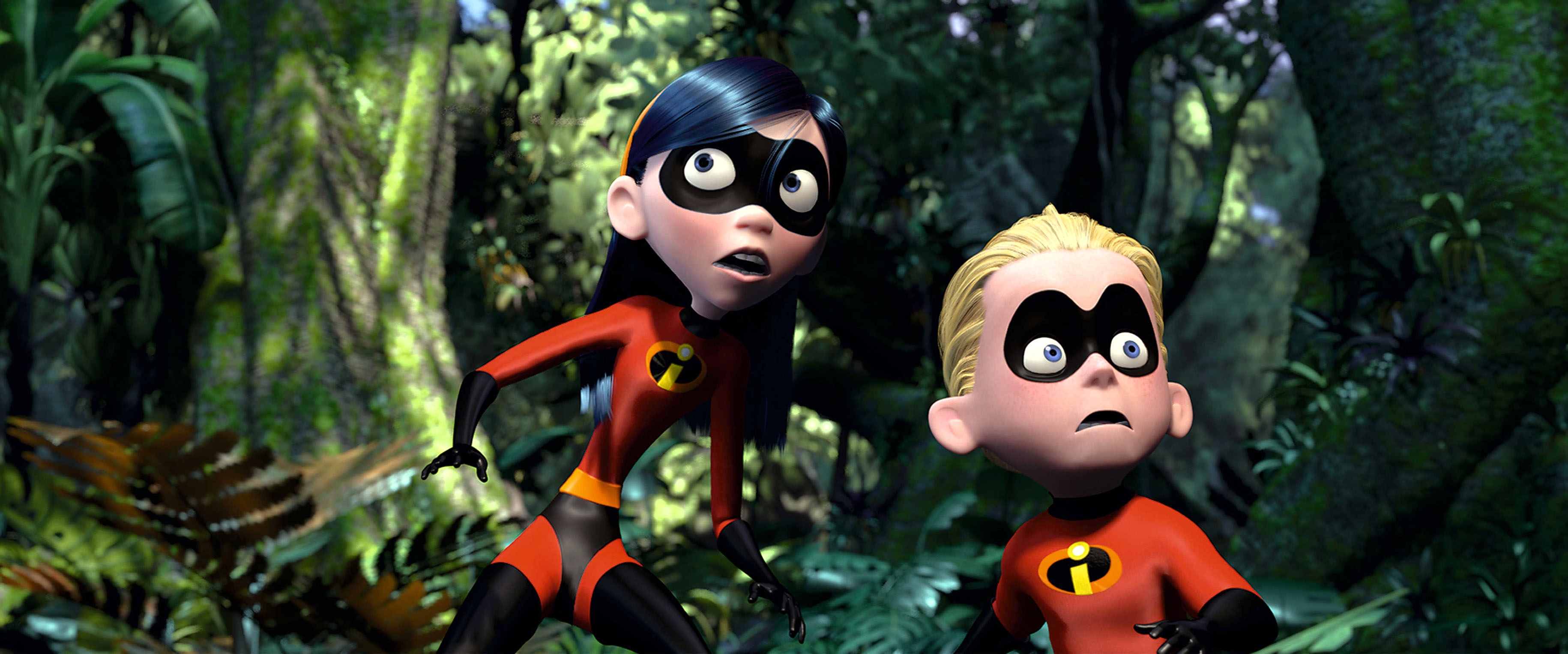 Animated characters in superhero costumes look surprised in a jungle setting