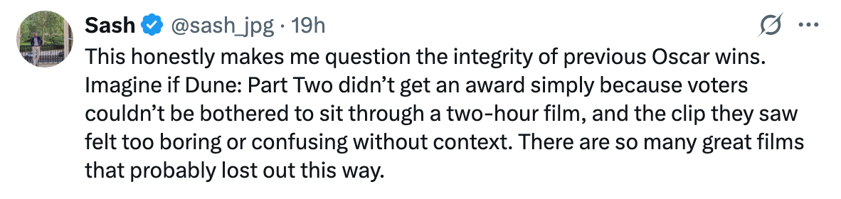 Tweet questioning how Oscar wins are decided, using hypothetical scenario of &quot;Dune: Part Two&quot; not winning due to voter bias or context issues